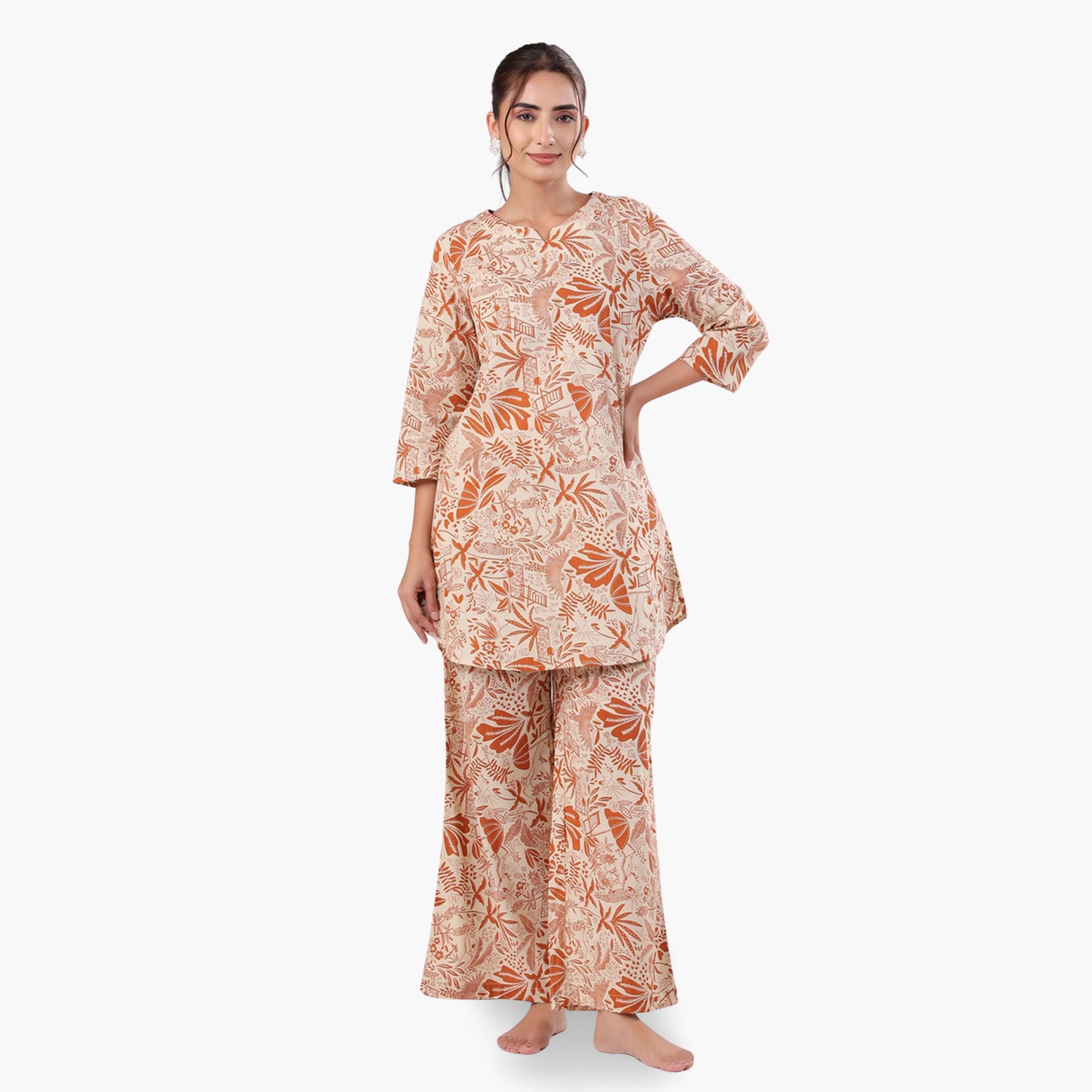 طقم بيجاما نسائي من تونيك وبنطال قطن بطبعة عرقية-women-clothing-nightwear-pyjamas-longsets-image-1