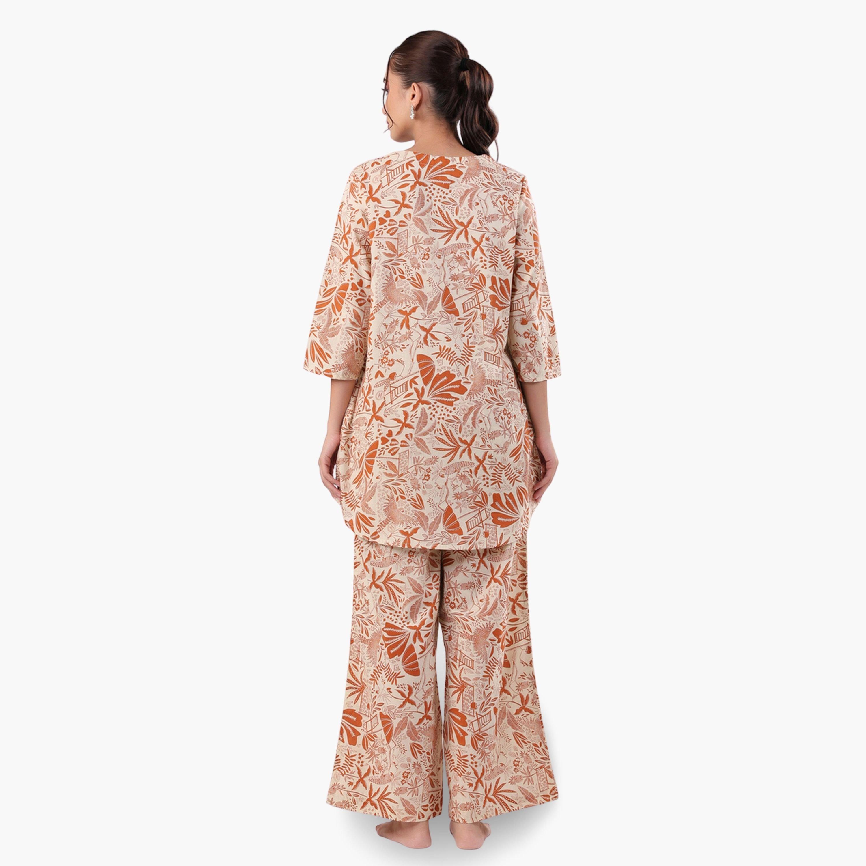 طقم بيجاما نسائي من تونيك وبنطال قطن بطبعة عرقية-women-clothing-nightwear-pyjamas-longsets-image-2