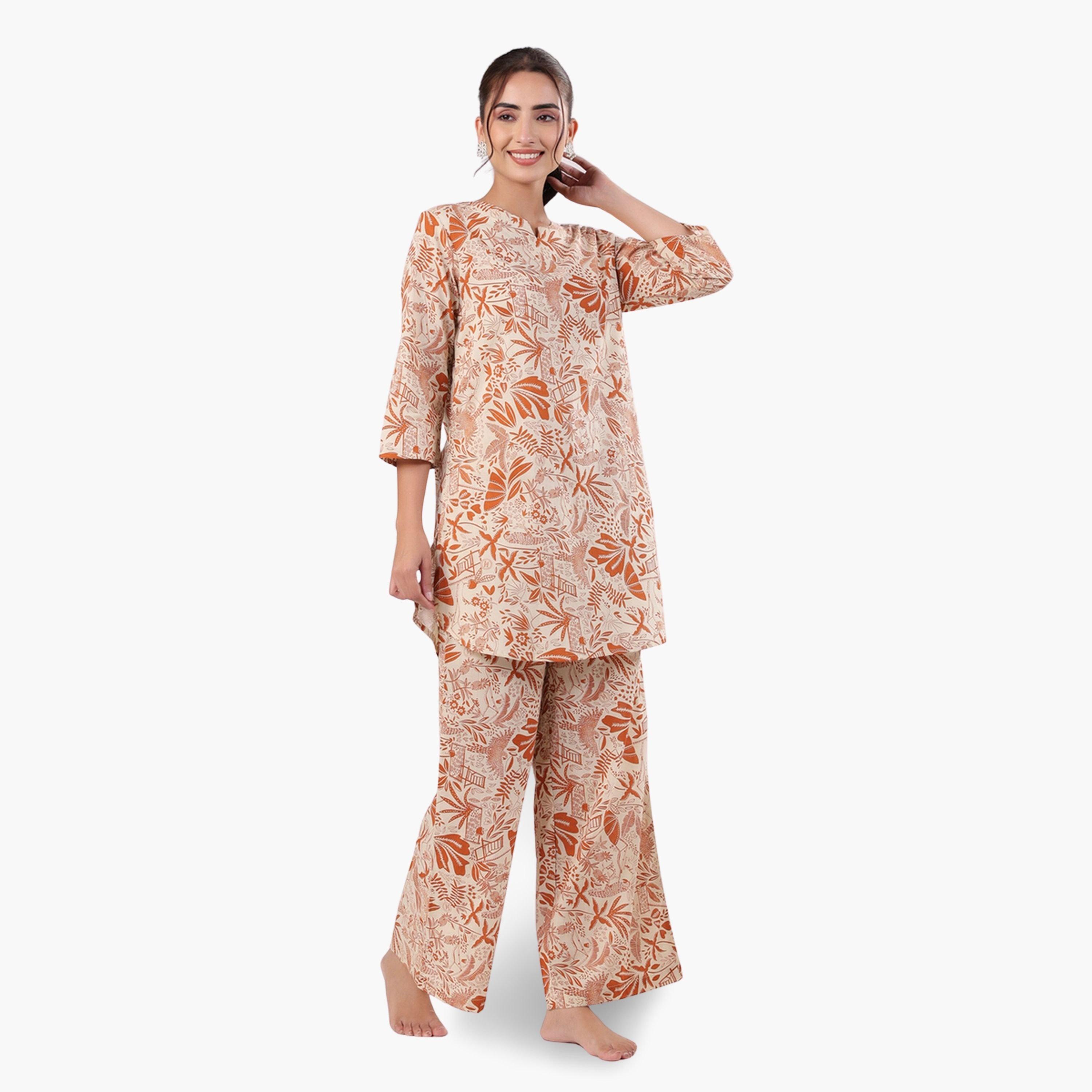 طقم بيجاما نسائي من تونيك وبنطال قطن بطبعة عرقية-women-clothing-nightwear-pyjamas-longsets-image-3
