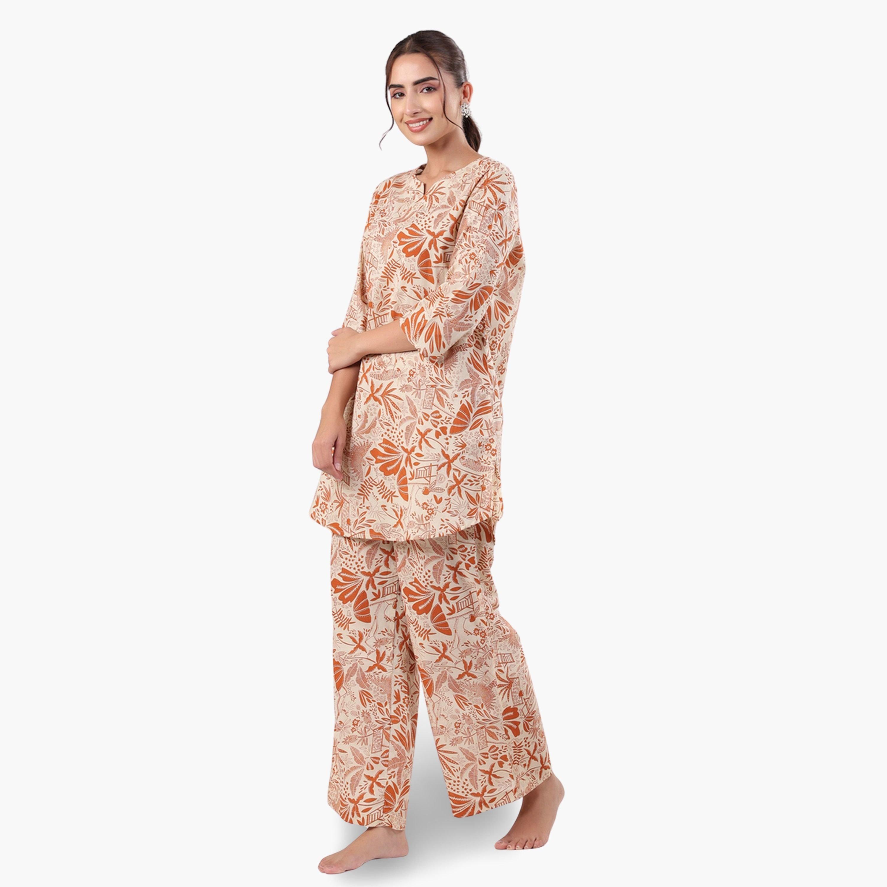 طقم بيجاما نسائي من تونيك وبنطال قطن بطبعة عرقية-women-clothing-nightwear-pyjamas-longsets-image-4