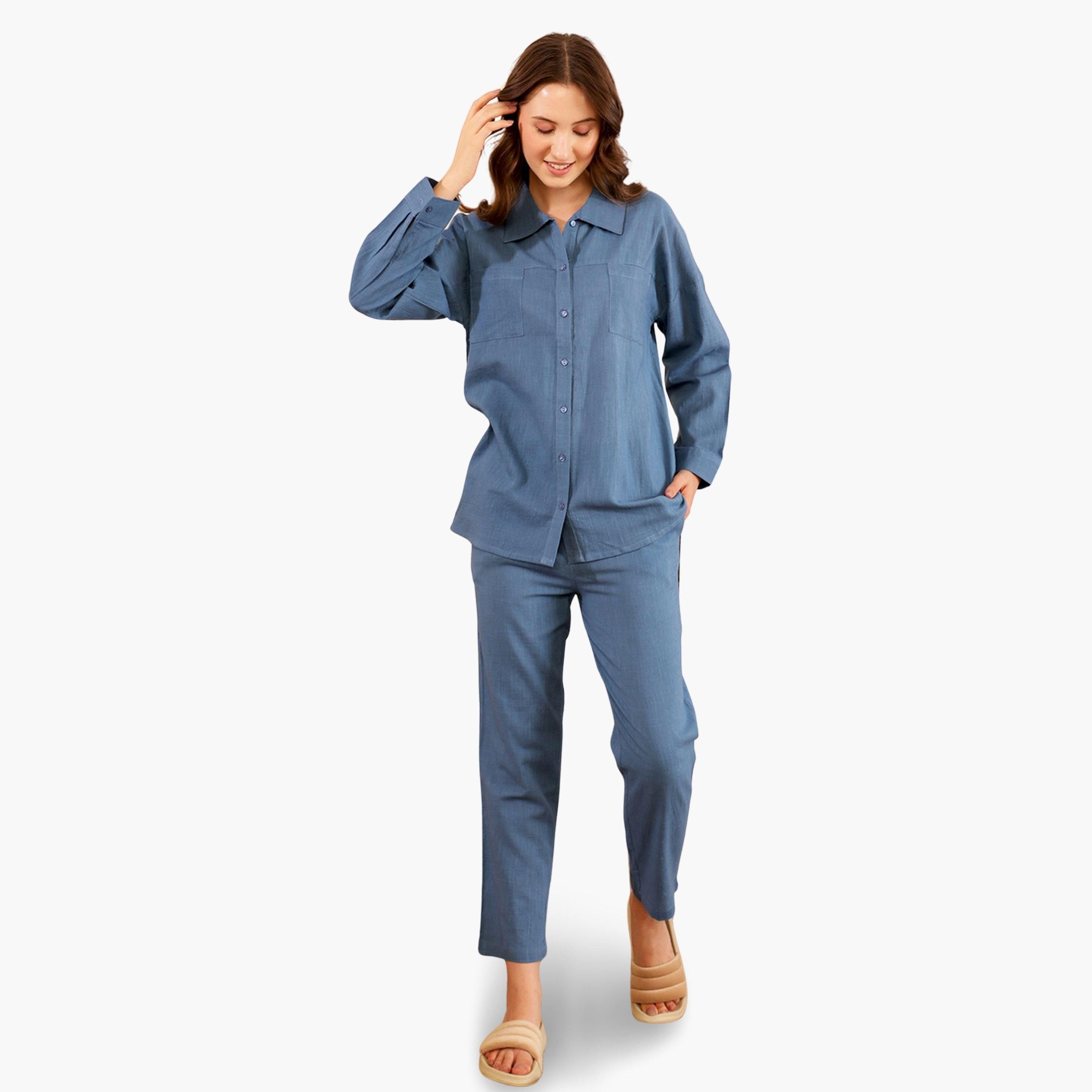 طقم بيجاما نسائي من قميص بأكمام طويلة وبنطال قطن-women-clothing-nightwear-pyjamas-longsets-image-1