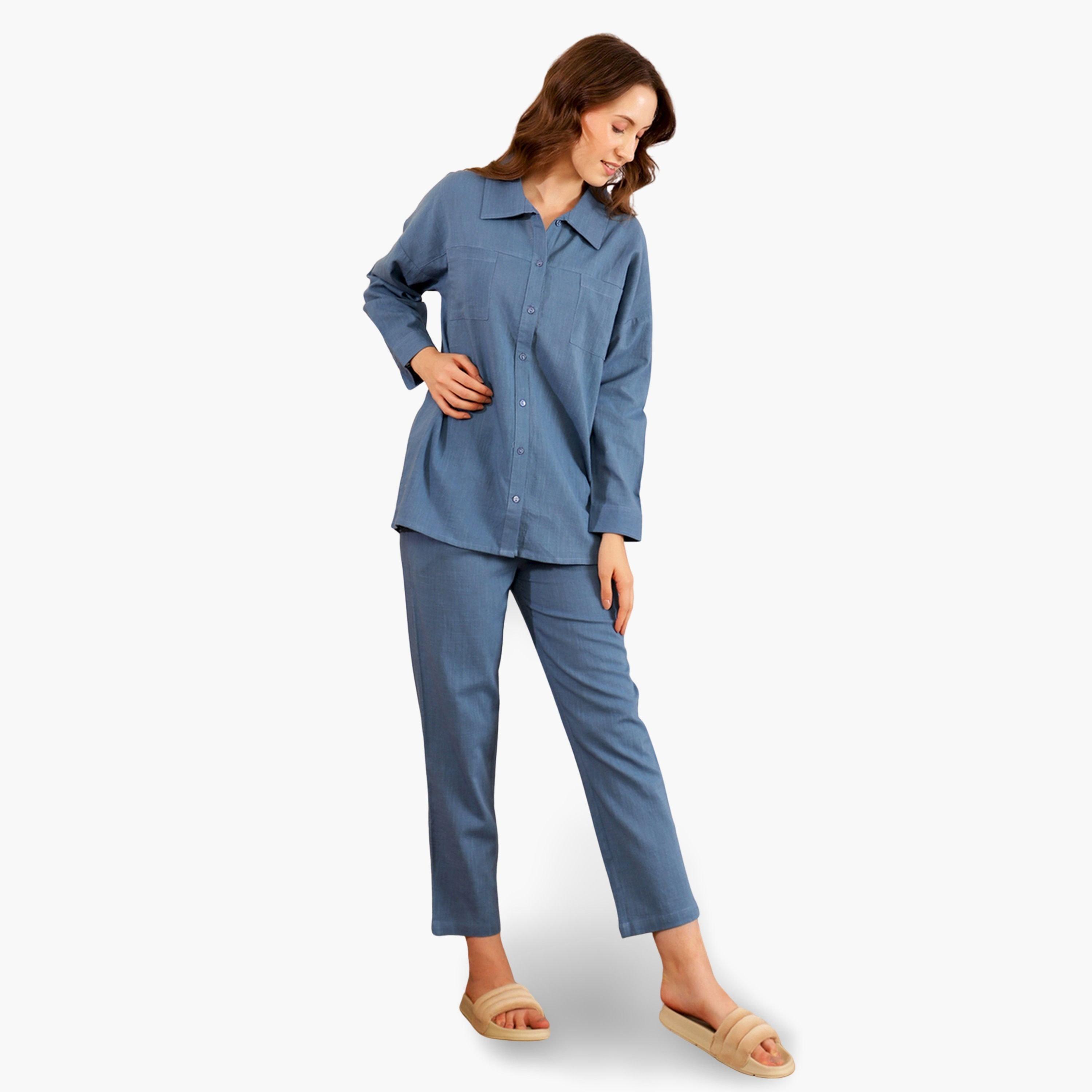 طقم بيجاما نسائي من قميص بأكمام طويلة وبنطال قطن-women-clothing-nightwear-pyjamas-longsets-image-3