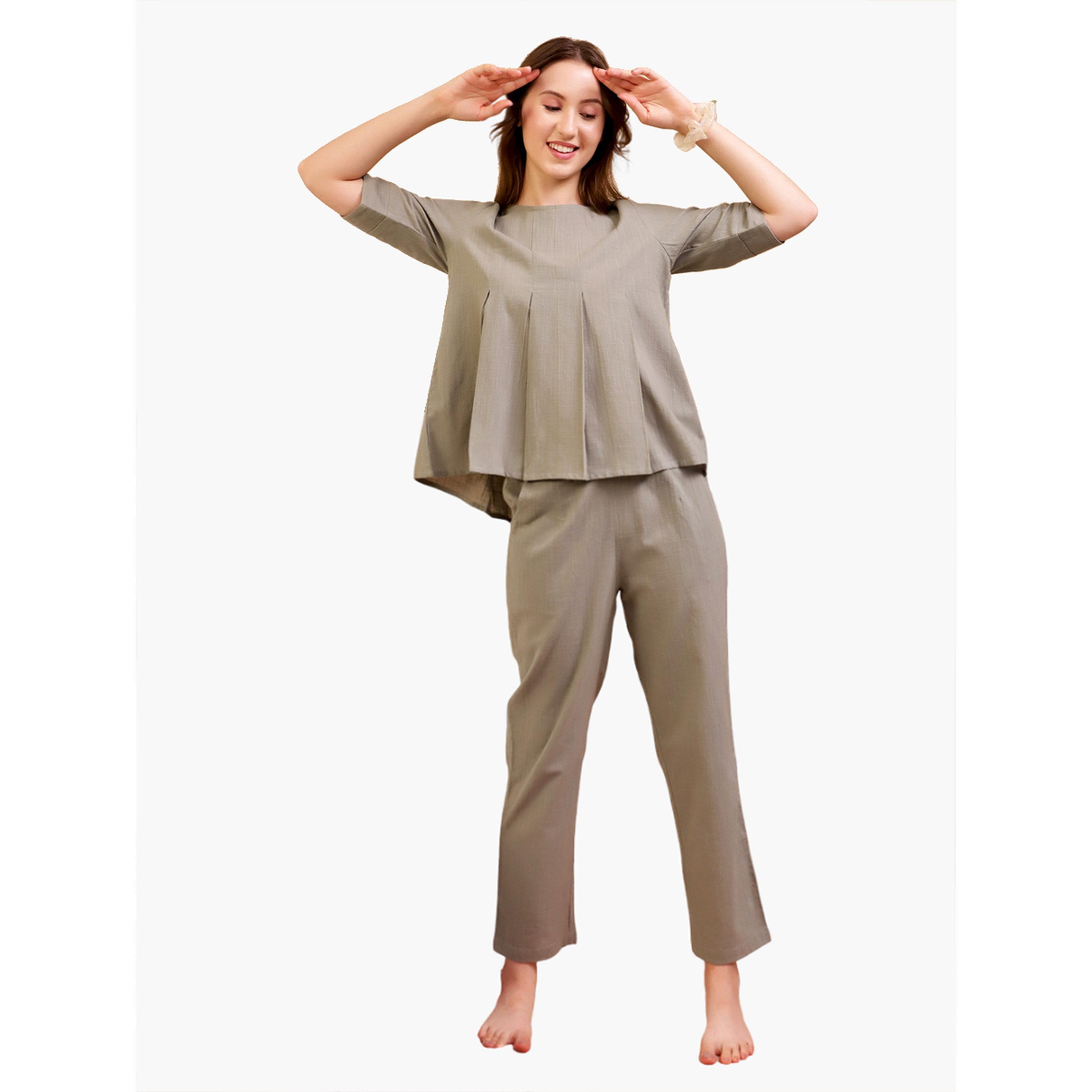 Sanskrutihomes Women Grey Cotton Pleated Top and Pyjama Set-women-clothing-nightwear-pyjamas-longsets-image-1