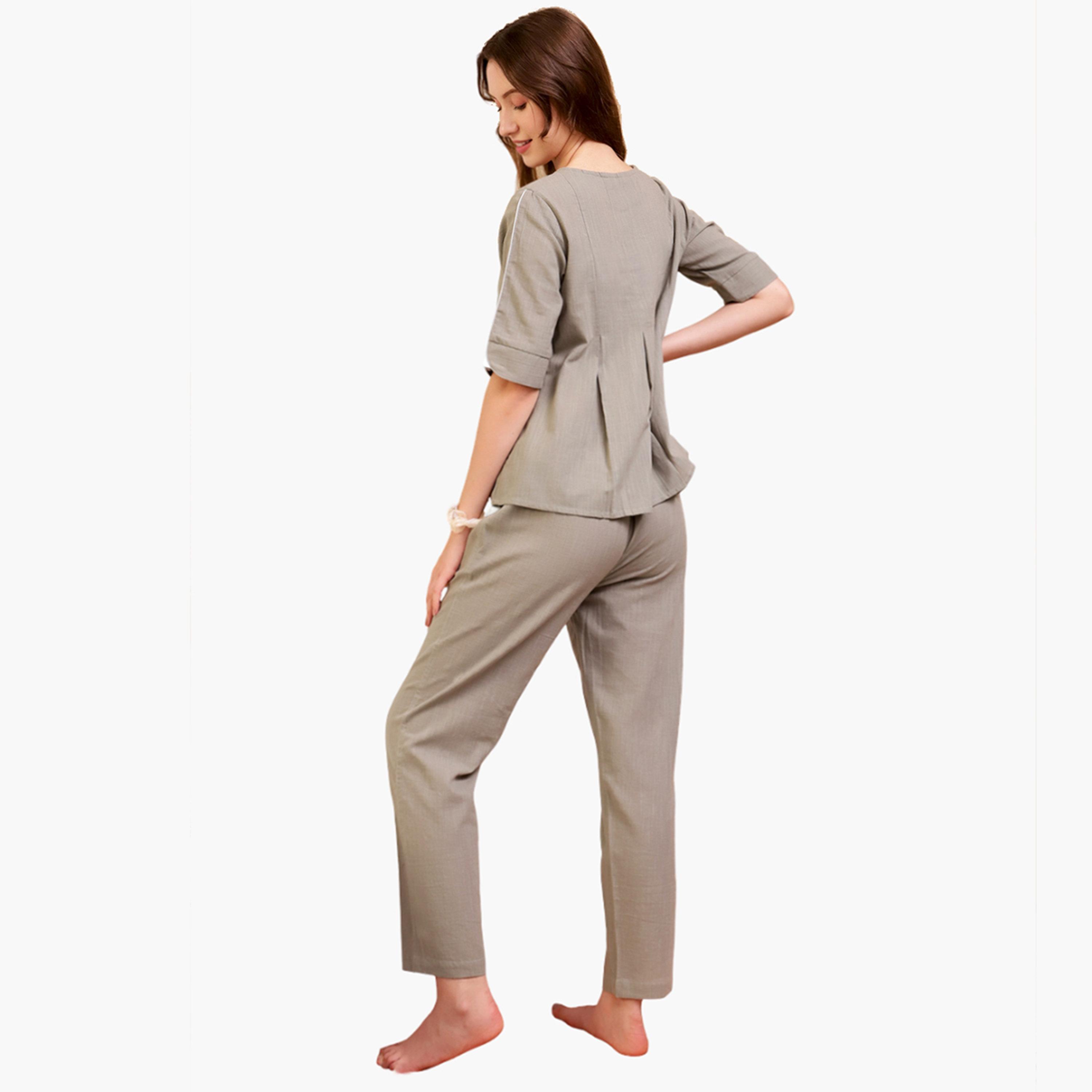 Sanskrutihomes Women Grey Cotton Pleated Top and Pyjama Set-women-clothing-nightwear-pyjamas-longsets-image-2