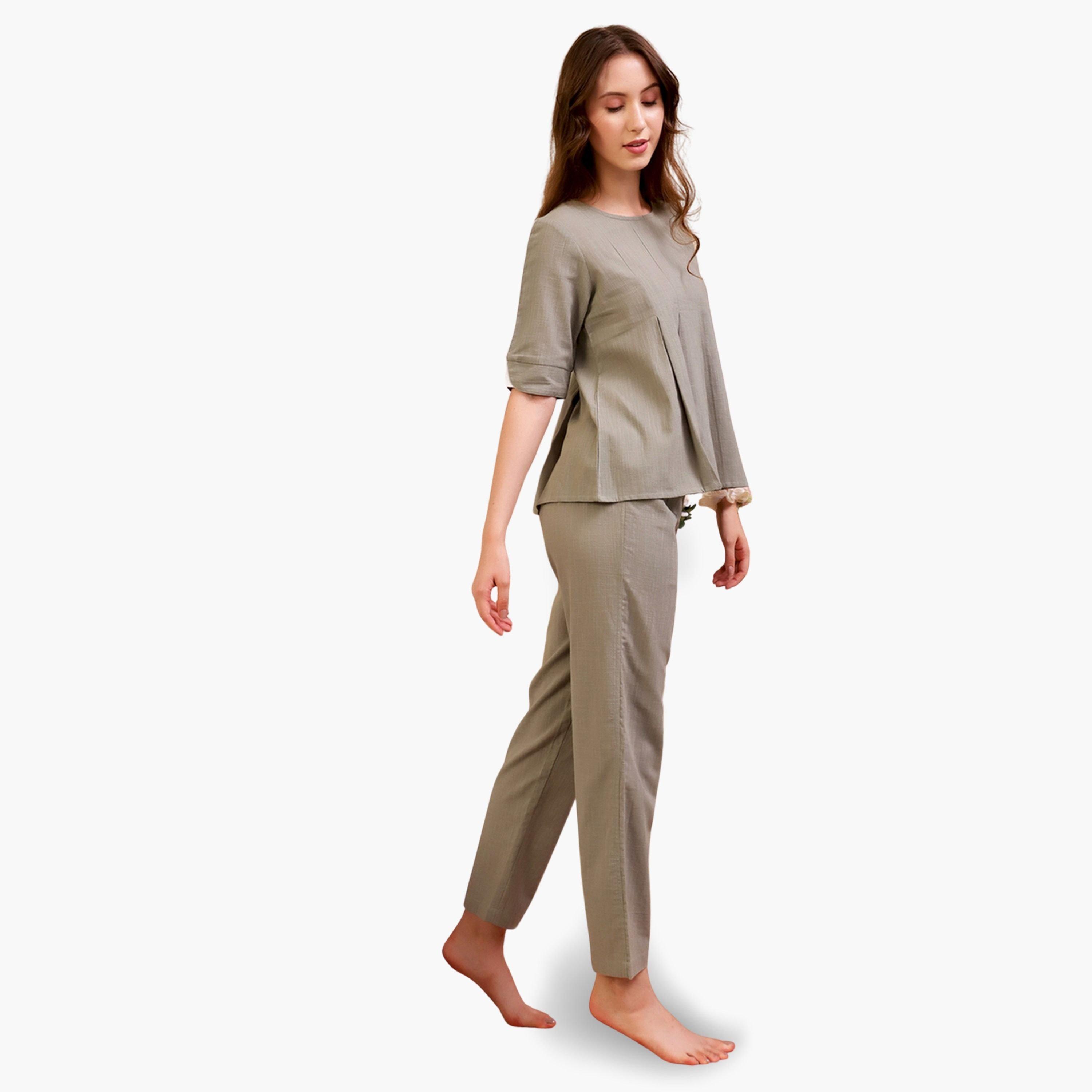 طقم بيجاما نسائي من بلوزة بكسرات وبنطال قطن-women-clothing-nightwear-pyjamas-longsets-image-3