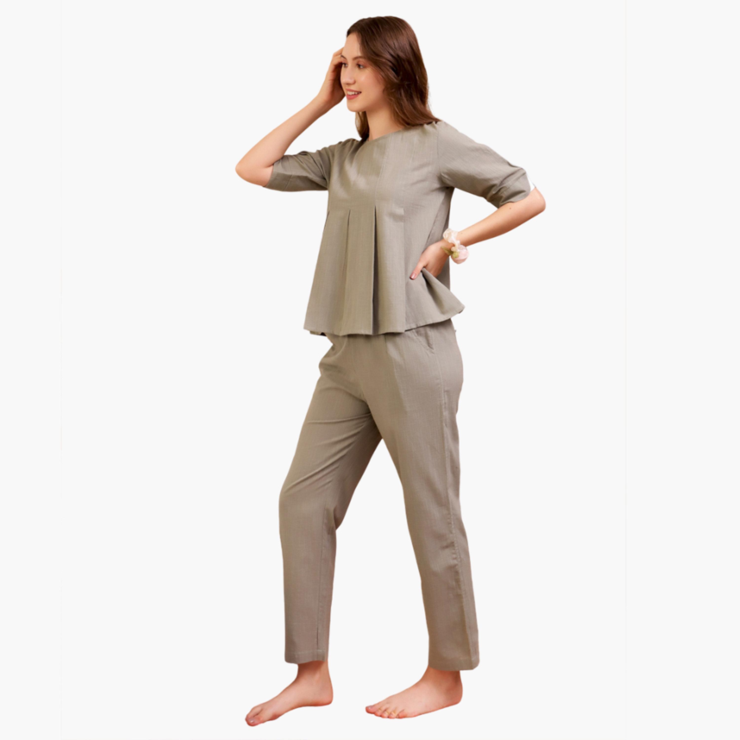 Sanskrutihomes Women Grey Cotton Pleated Top and Pyjama Set-women-clothing-nightwear-pyjamas-longsets-image-4
