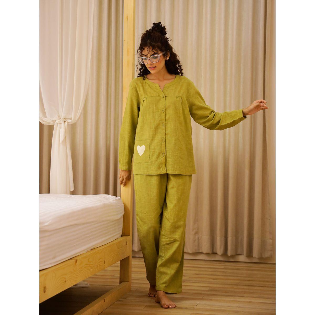 Sanskrutihomes Solid Long Sleeve Pure Cotton Shirt and Pyjama Set-women-clothing-nightwear-pyjamas-longsets-image-1