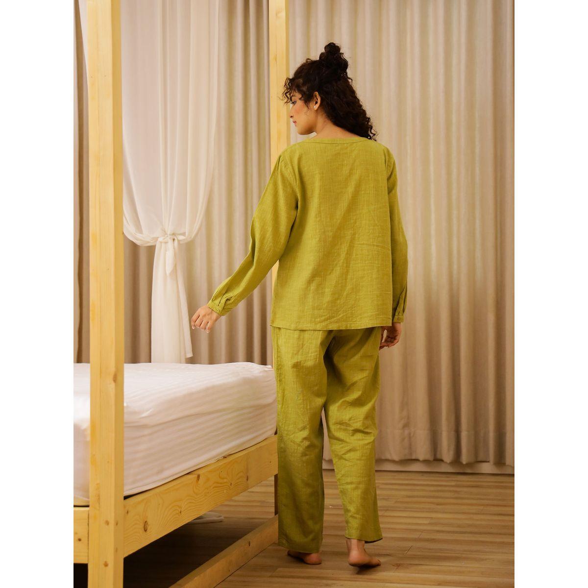 Sanskrutihomes Solid Long Sleeve Pure Cotton Shirt and Pyjama Set-women-clothing-nightwear-pyjamas-longsets-image-2