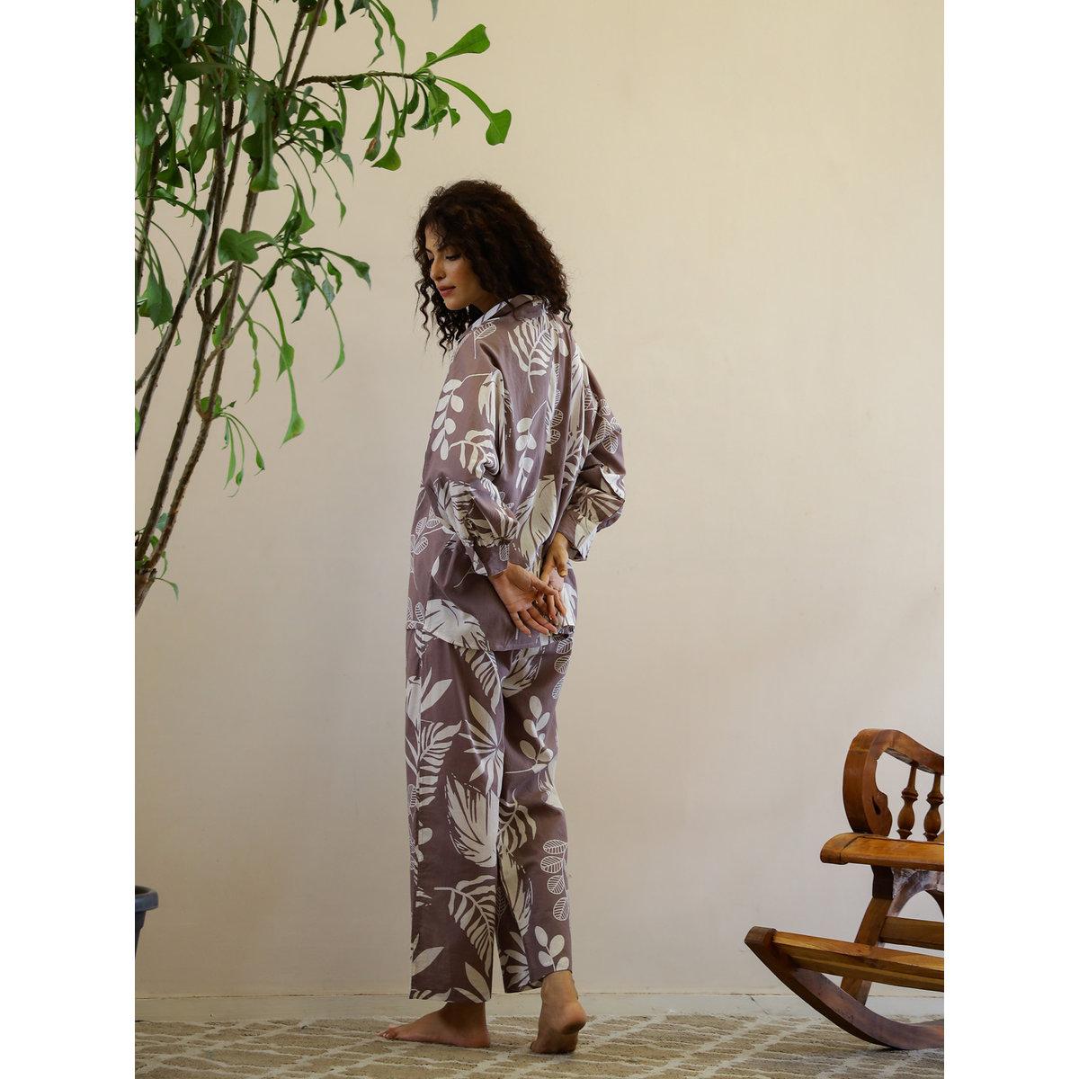Sanskrutihomes Leaf Printed Pure Cotton Shirt and Pyjama Set-women-clothing-nightwear-pyjamas-longsets-image-2