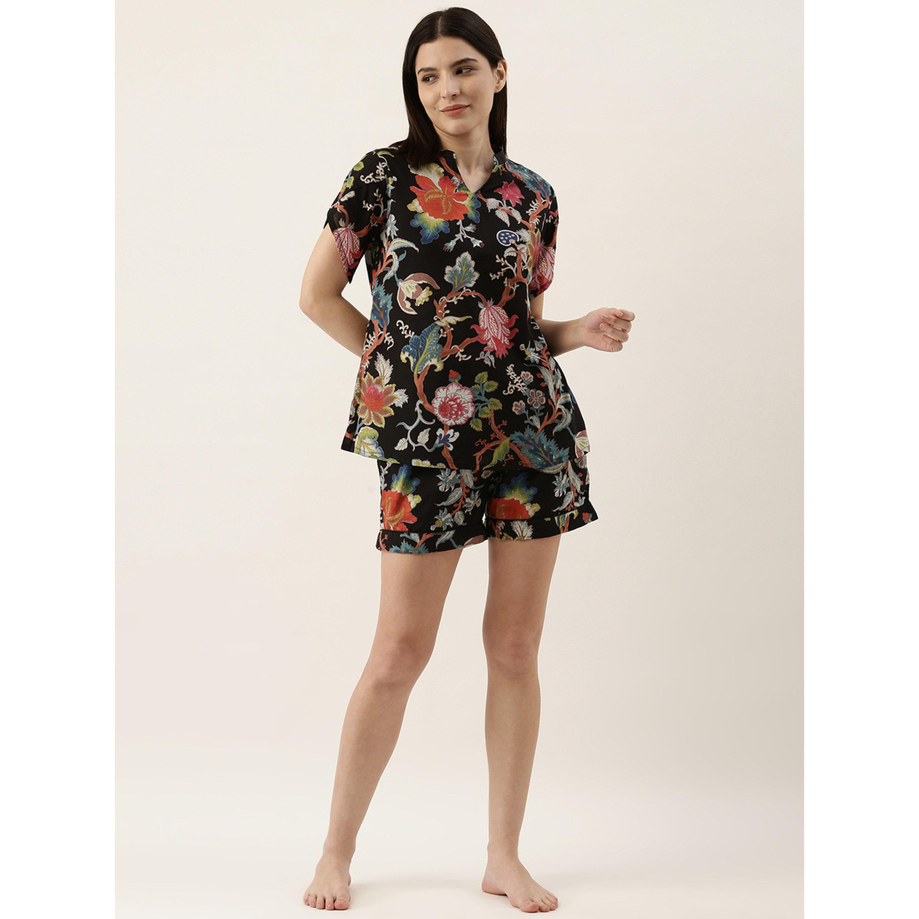 طقم بيجاما نسائي من قميص وشورت قطن بطبعة زهور-women-clothing-nightwear-pyjamas-shortsets-image-2