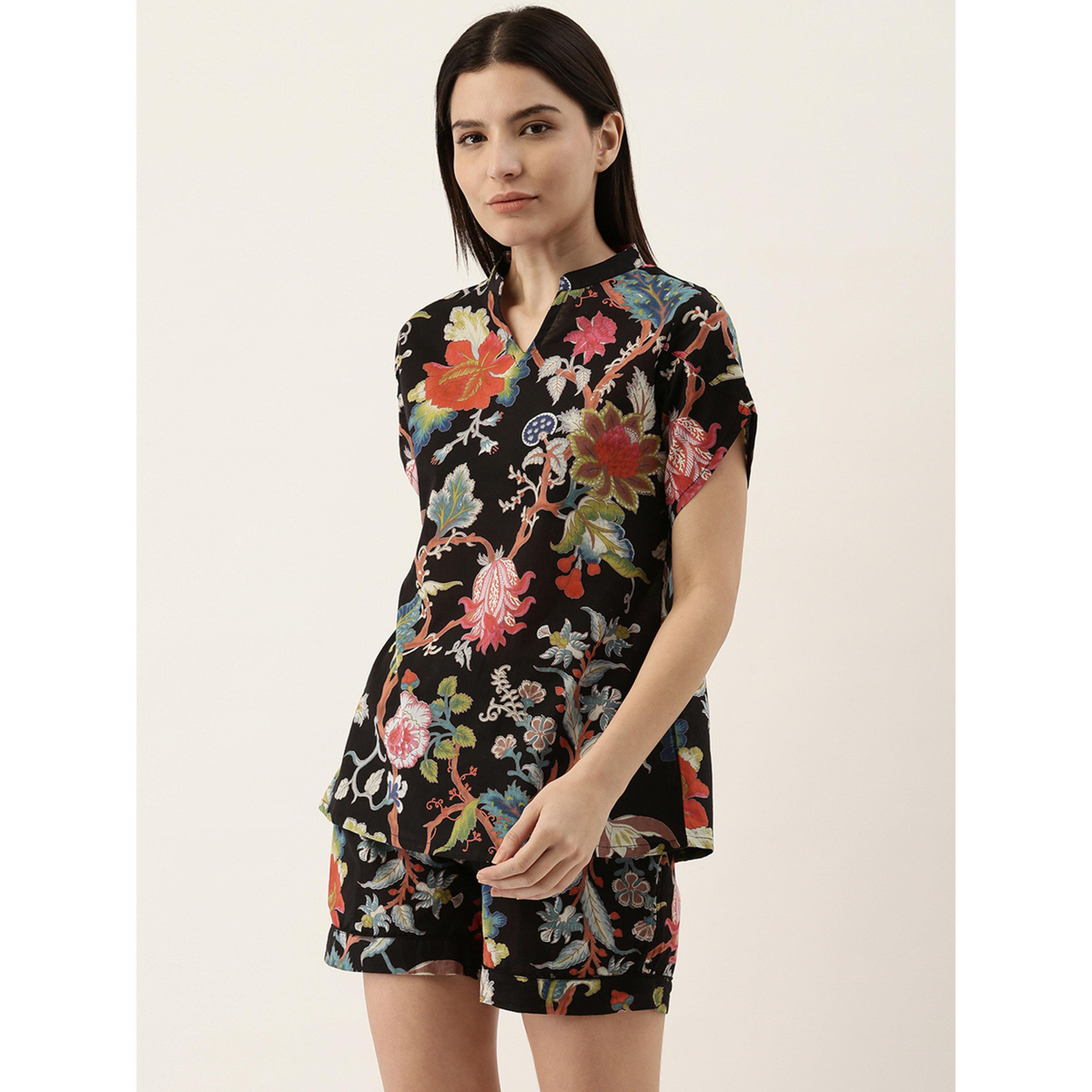 طقم بيجاما نسائي من قميص وشورت قطن بطبعة زهور-women-clothing-nightwear-pyjamas-shortsets-image-3