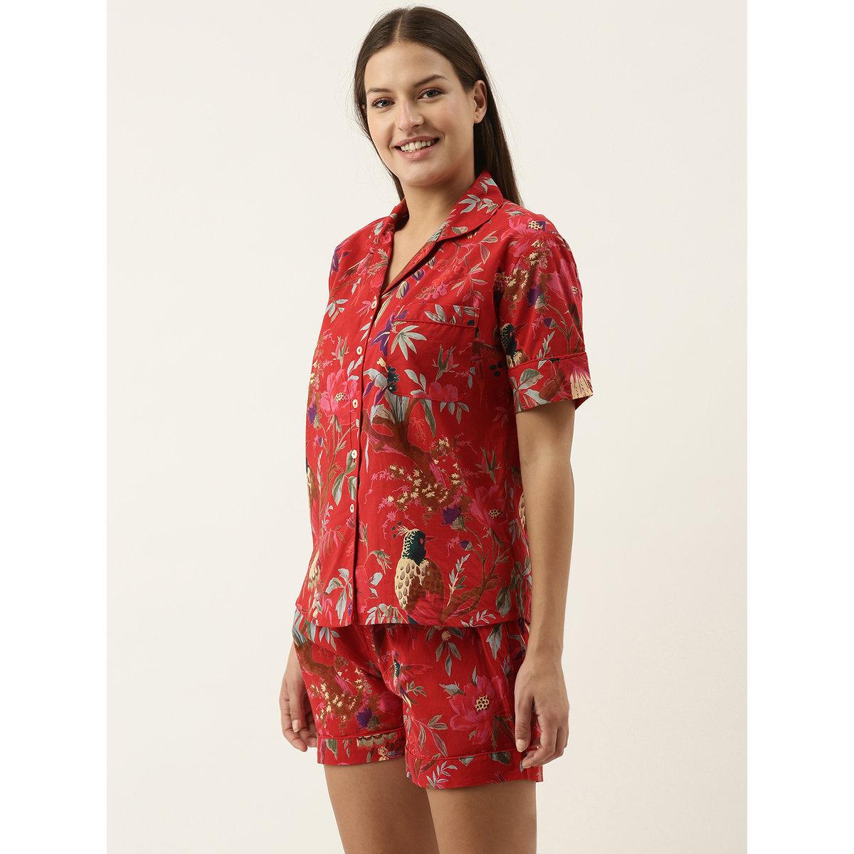 Sanskrutihomes Women Red Floral Printed Pure Cotton Shirt and Shorts Set-women-clothing-nightwear-pyjamas-shortsets-image-1