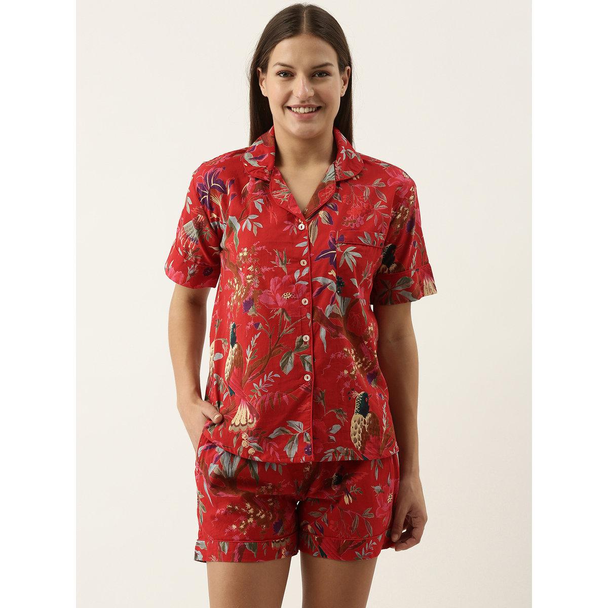 Sanskrutihomes Women Red Floral Printed Pure Cotton Shirt and Shorts Set-women-clothing-nightwear-pyjamas-shortsets-image-4