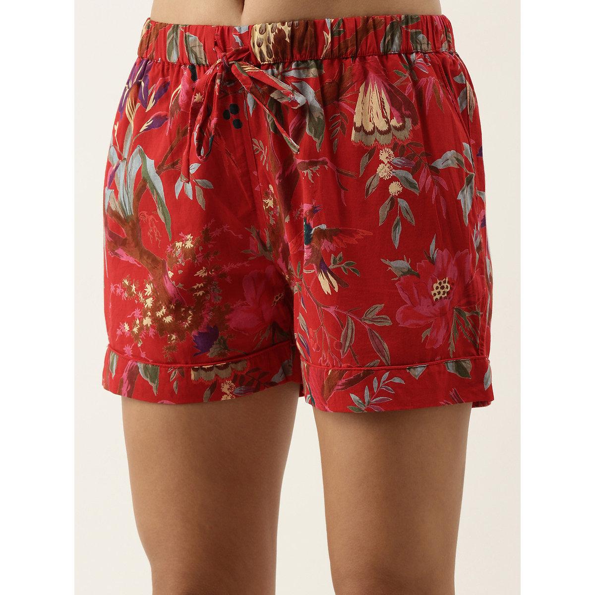 Sanskrutihomes Women Red Floral Printed Pure Cotton Shirt and Shorts Set-women-clothing-nightwear-pyjamas-shortsets-image-5