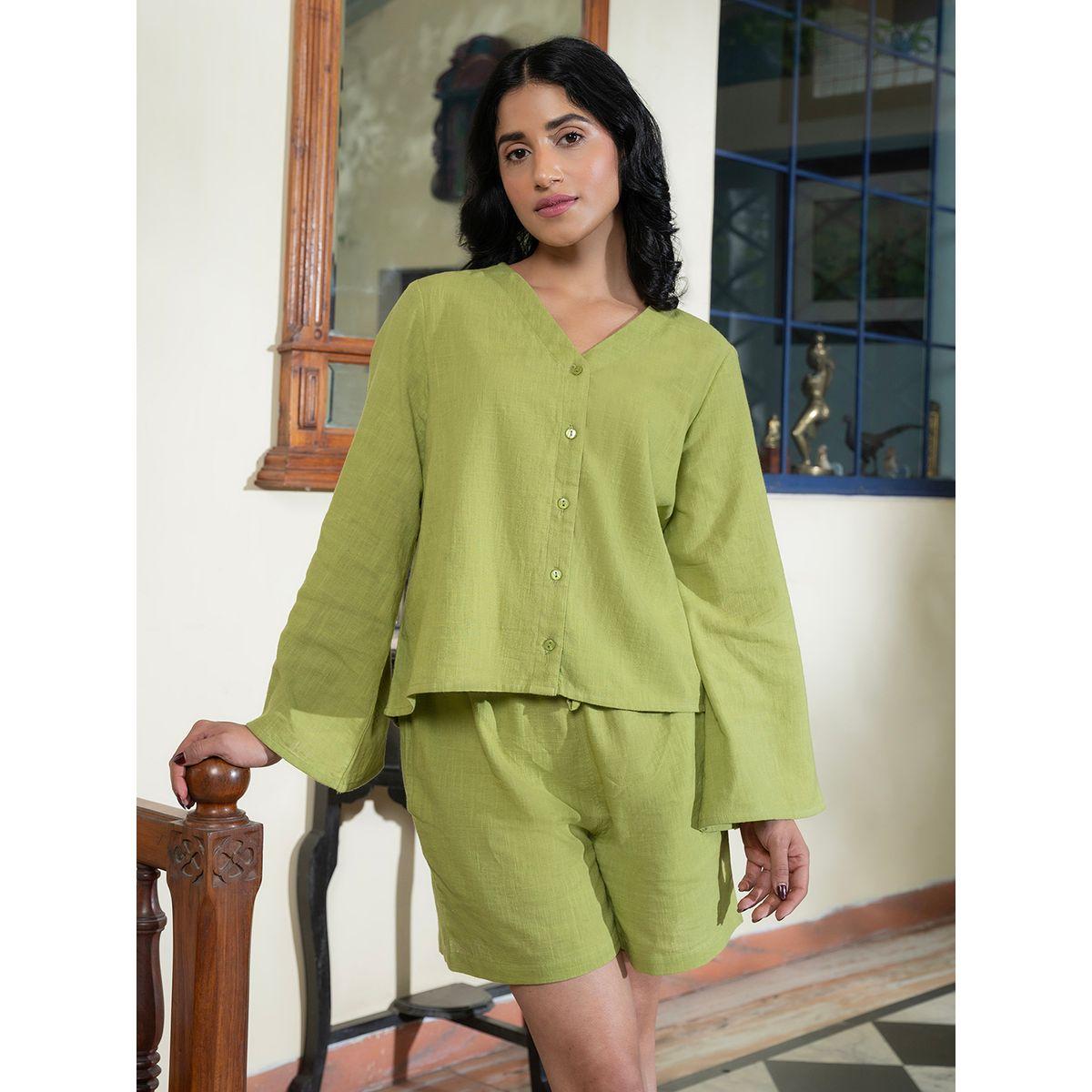 طقم من شورت وبلوزة قطنية سادة-women-clothing-nightwear-pyjamas-shortsets-image-6