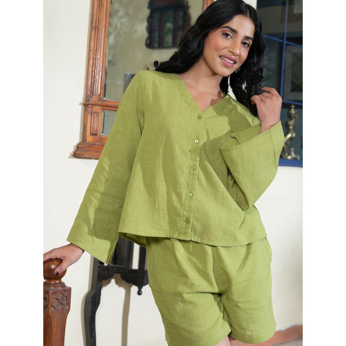 طقم من شورت وبلوزة قطنية سادة-women-clothing-nightwear-pyjamas-shortsets-image-2