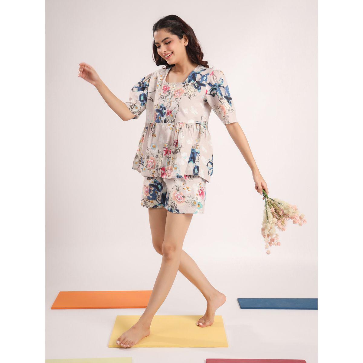 طقم من شورت بيجاما وبلوزة قطنية بطبعة زهور-women-clothing-nightwear-pyjamas-shortsets-image-3