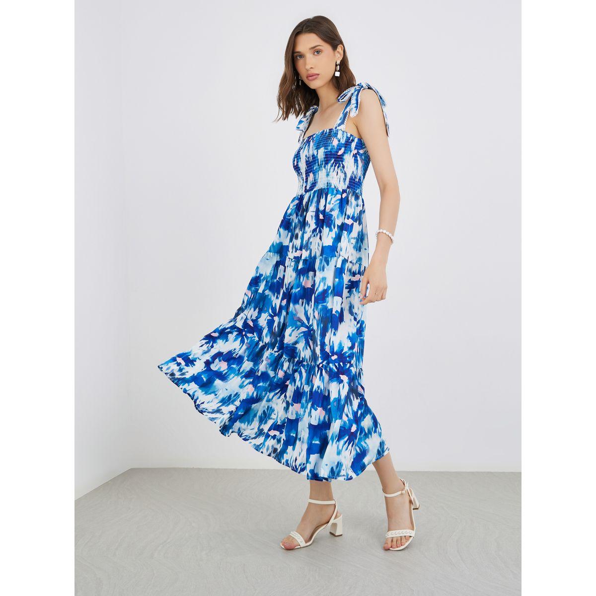 Take Two Floral Print Strappy Smocking Detail Square Neck Midi Dress-women-clothing-dresses-image-3
