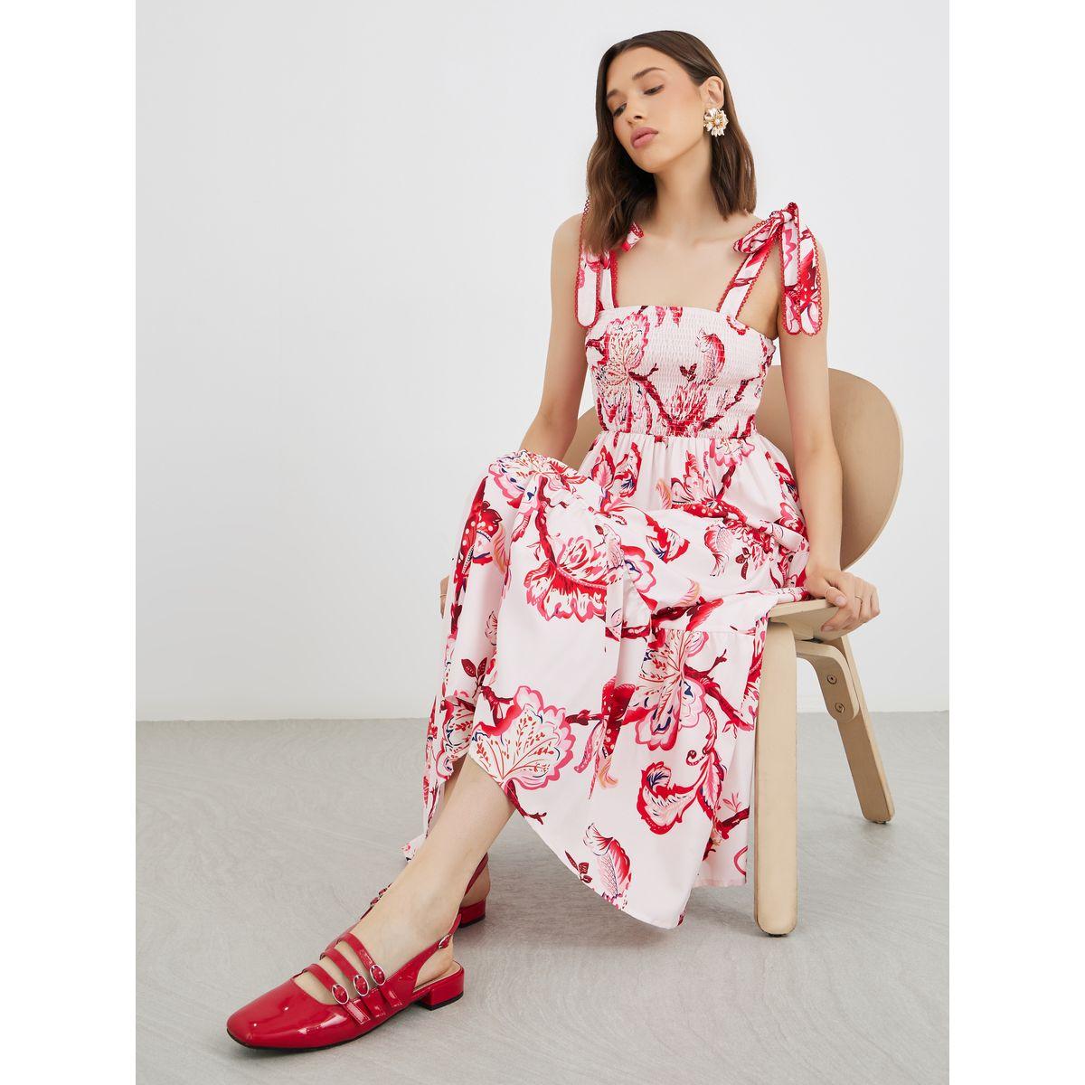 Take Two Floral Print Smocking Detail Strappy Tiered Midi Dress-women-clothing-dresses-image-1