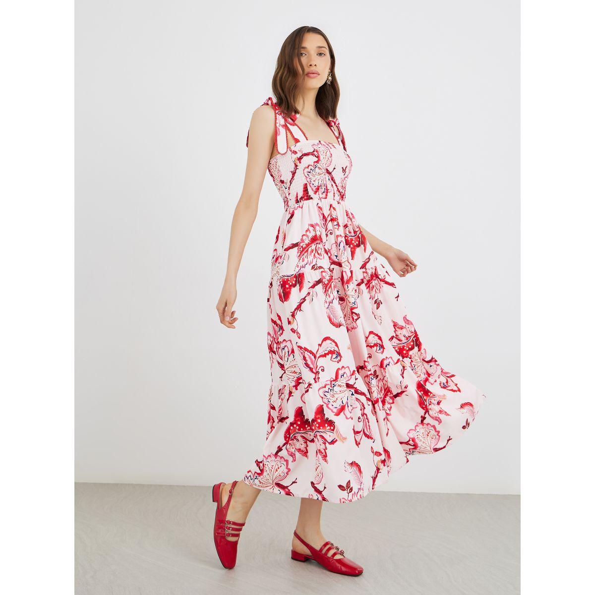 فستان ميدي بطبعة زهور مع حمالات وتفاصيل كسرات-women-clothing-dresses-image-2