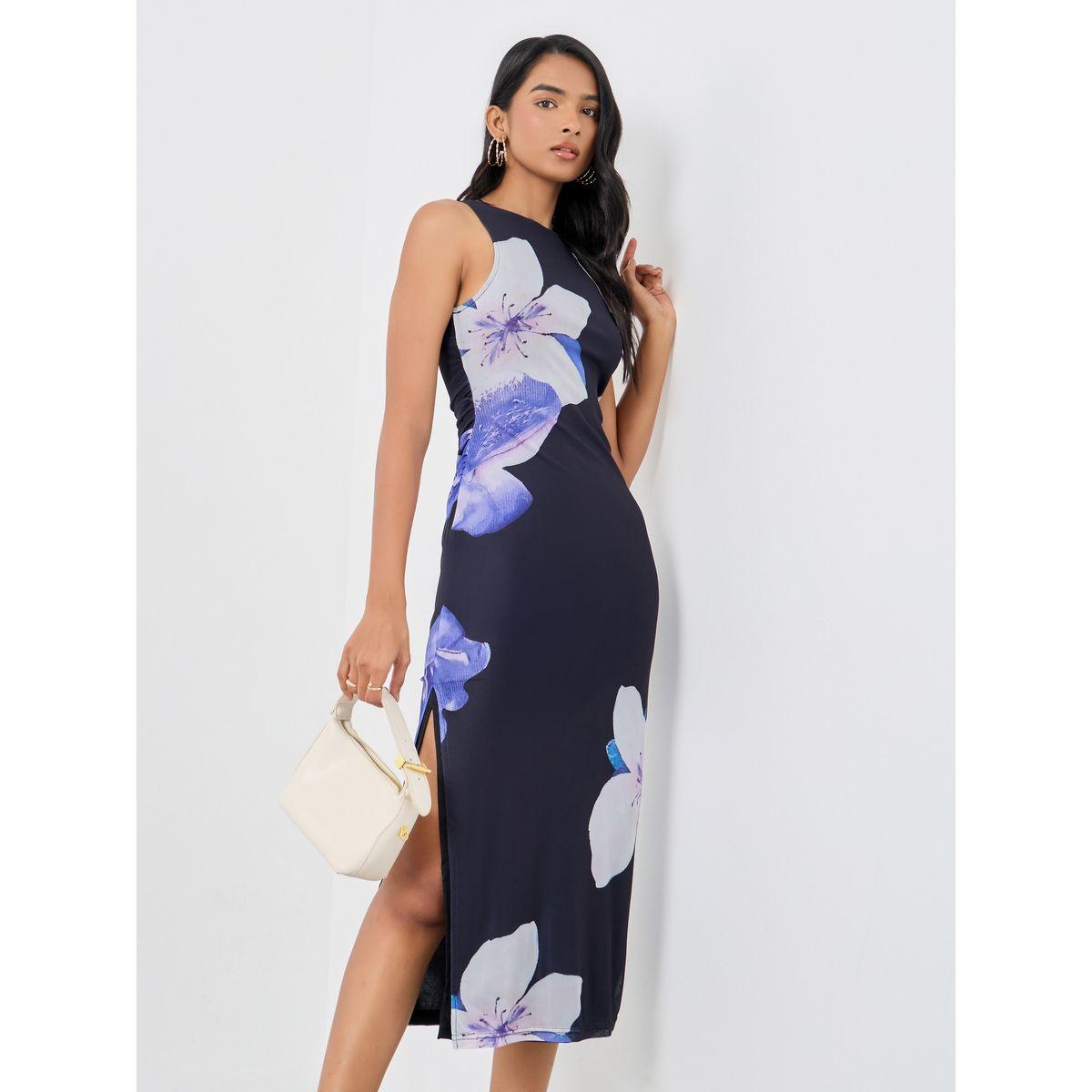 فستان ميدي بديكون بلا أكمام وطبعة زهور-women-clothing-dresses-image-1