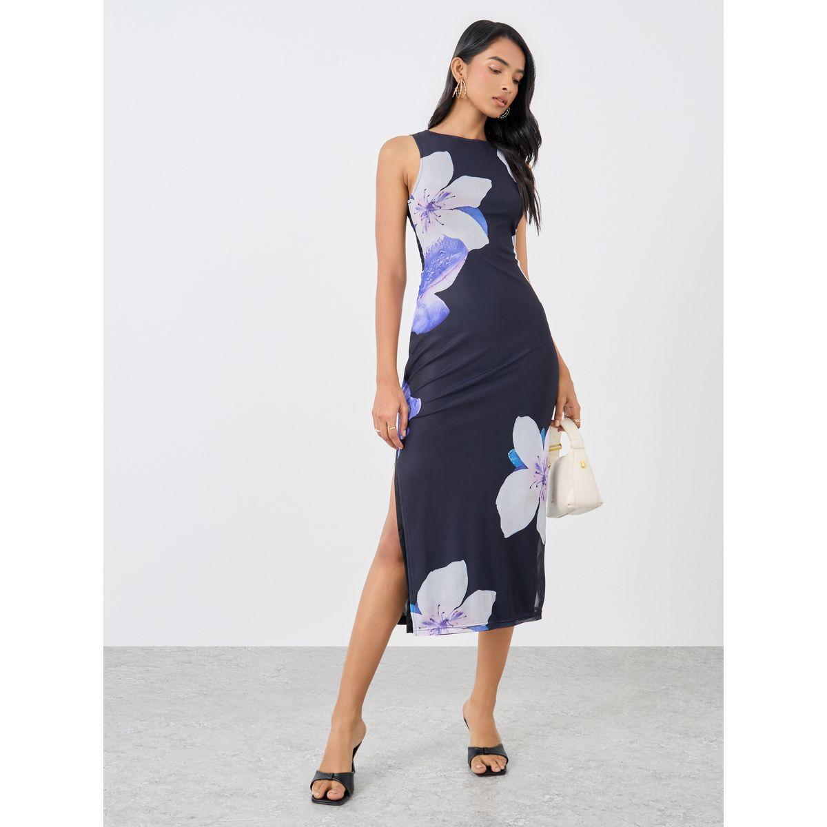 فستان ميدي بديكون بلا أكمام وطبعة زهور-women-clothing-dresses-image-2