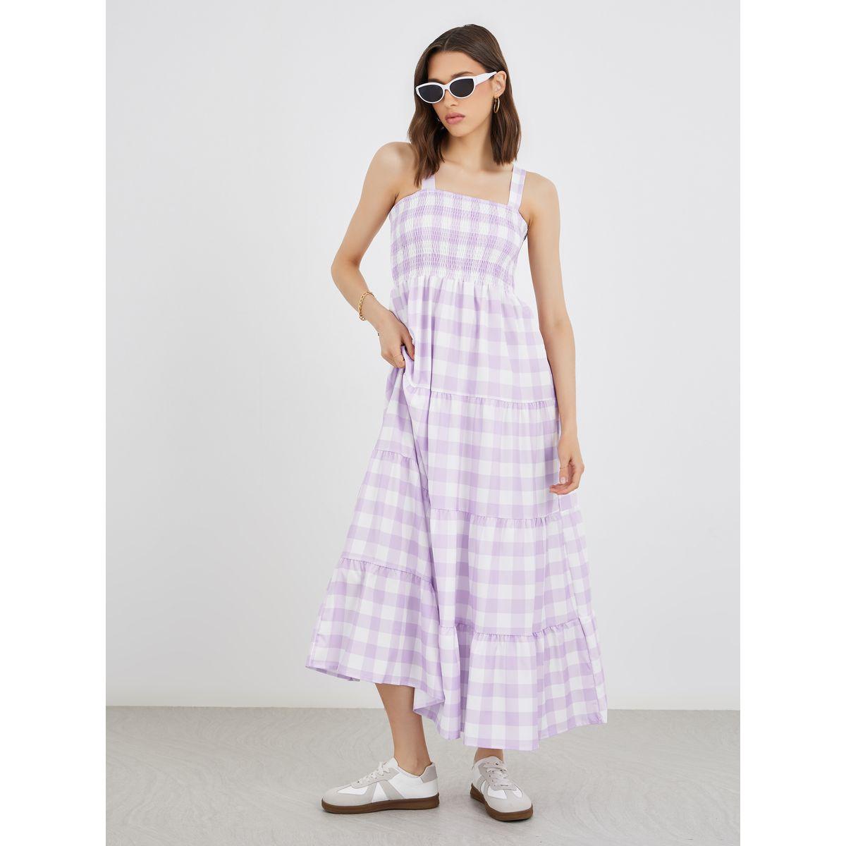 Take Two Checked Print Square Neck Strappy Tiered Midi Dress-women-clothing-dresses-image-1