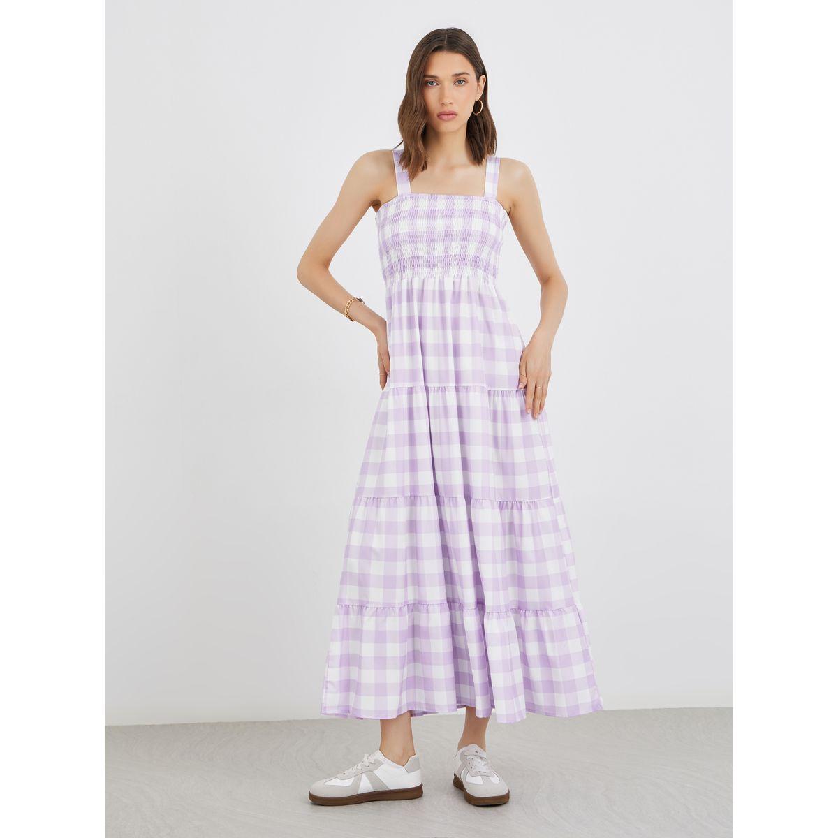 Take Two Checked Print Square Neck Strappy Tiered Midi Dress-women-clothing-dresses-image-2