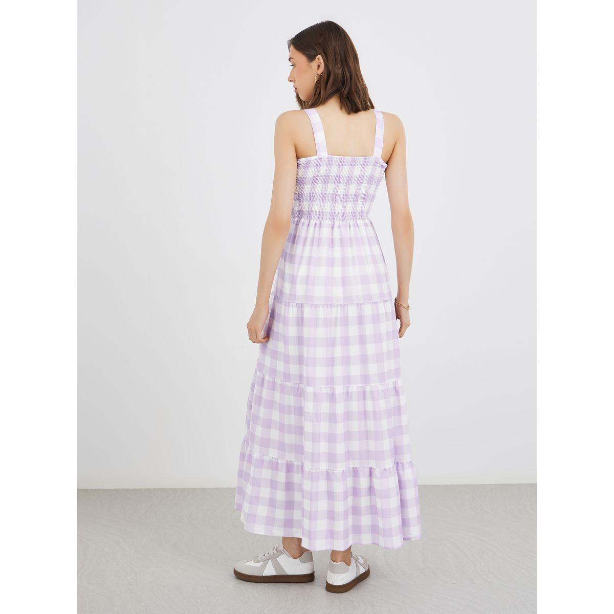 Take Two Checked Print Square Neck Strappy Tiered Midi Dress-women-clothing-dresses-image-5