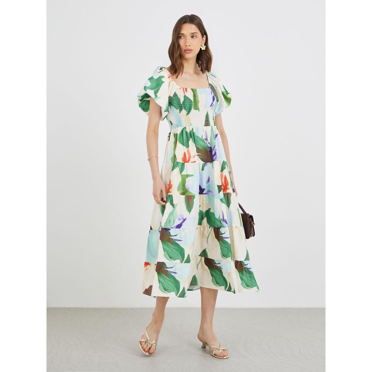 فستان ميدي بطبعة زهور وأكمام منفوخة مع تفاصيل مُجمعة-women-clothing-dresses-image-1
