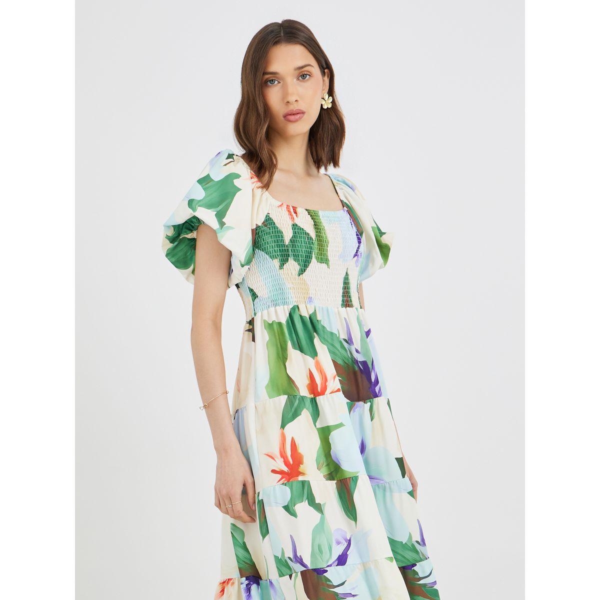 فستان ميدي بطبعة زهور وأكمام منفوخة مع تفاصيل مُجمعة-women-clothing-dresses-image-2