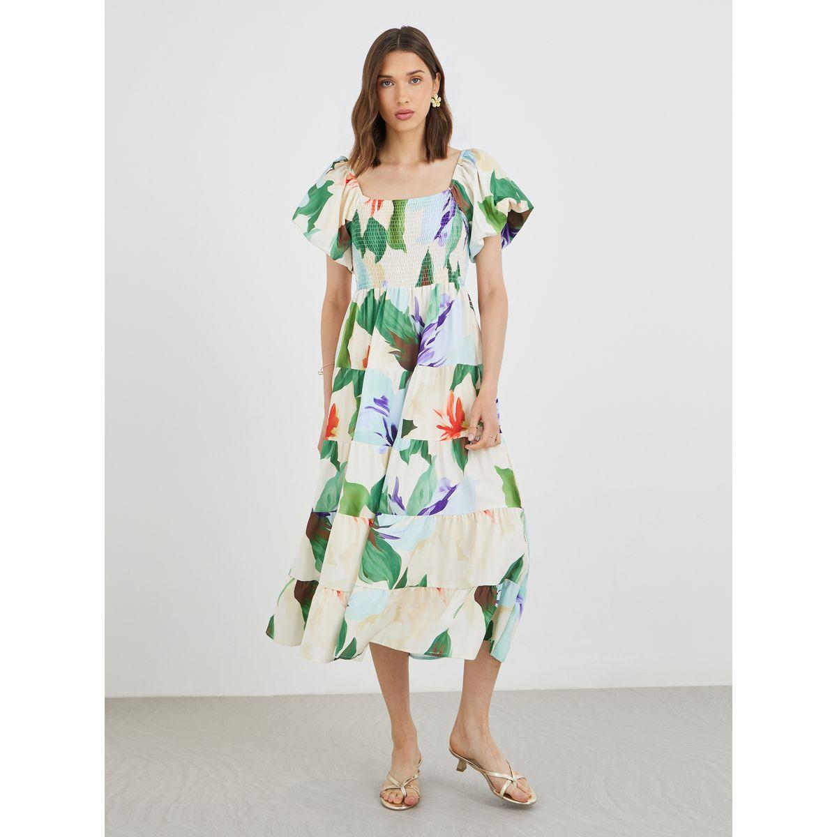 فستان ميدي بطبعة زهور وأكمام منفوخة مع تفاصيل مُجمعة-women-clothing-dresses-image-3