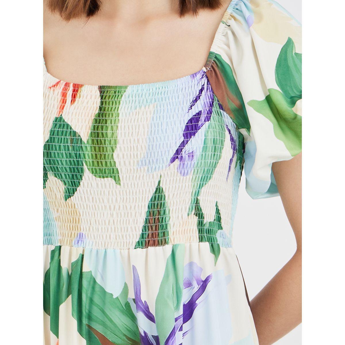 فستان ميدي بطبعة زهور وأكمام منفوخة مع تفاصيل مُجمعة-women-clothing-dresses-image-4