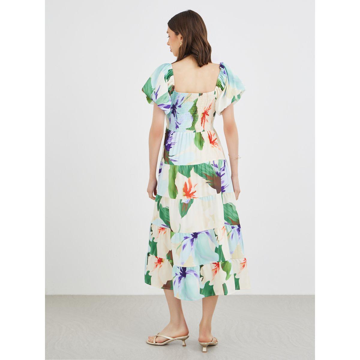 فستان ميدي بطبعة زهور وأكمام منفوخة مع تفاصيل مُجمعة-women-clothing-dresses-image-5