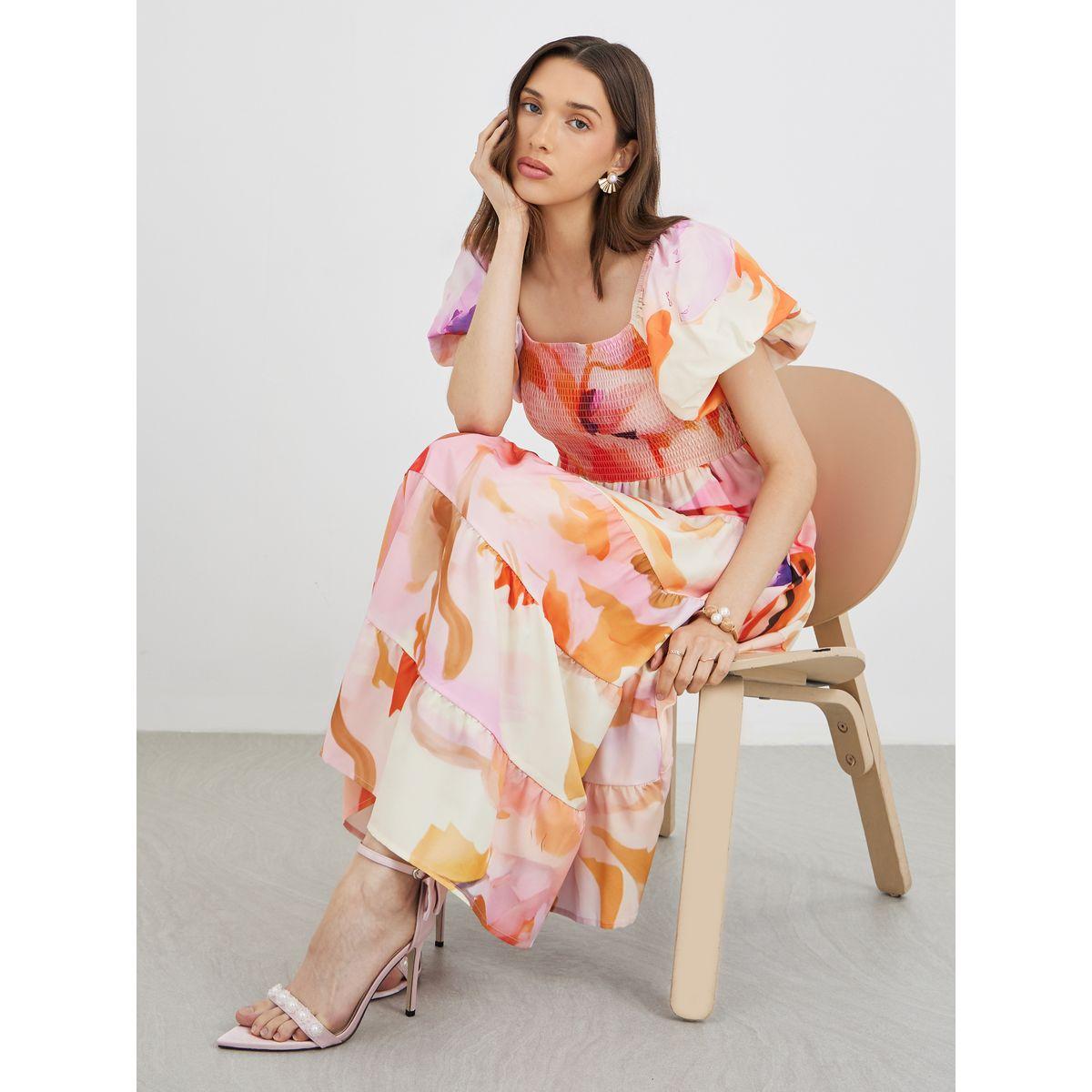 فستان ميدي بطبعة زهور وأكمام منفوخة-women-clothing-dresses-image-1