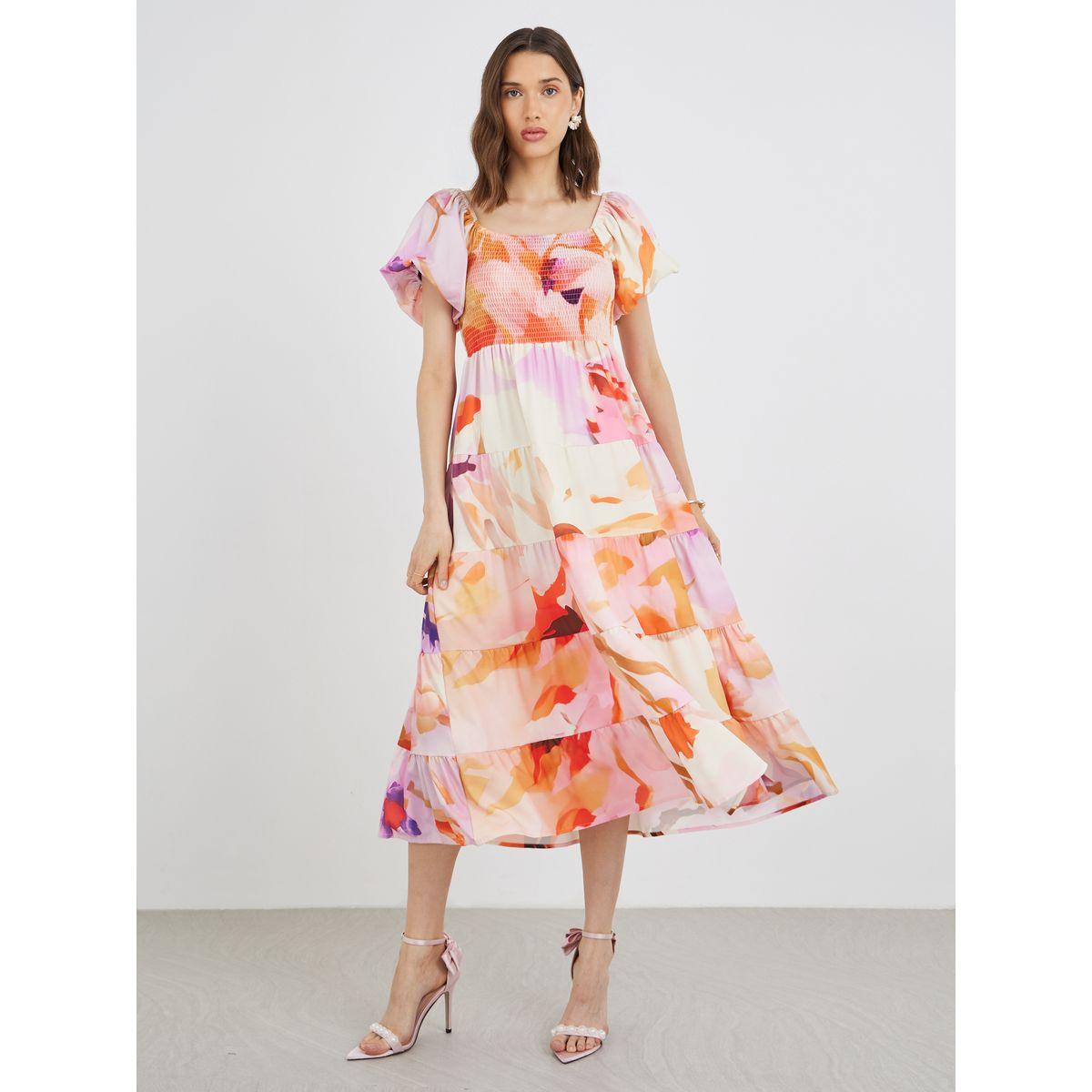 فستان ميدي بطبعة زهور وأكمام منفوخة-women-clothing-dresses-image-2