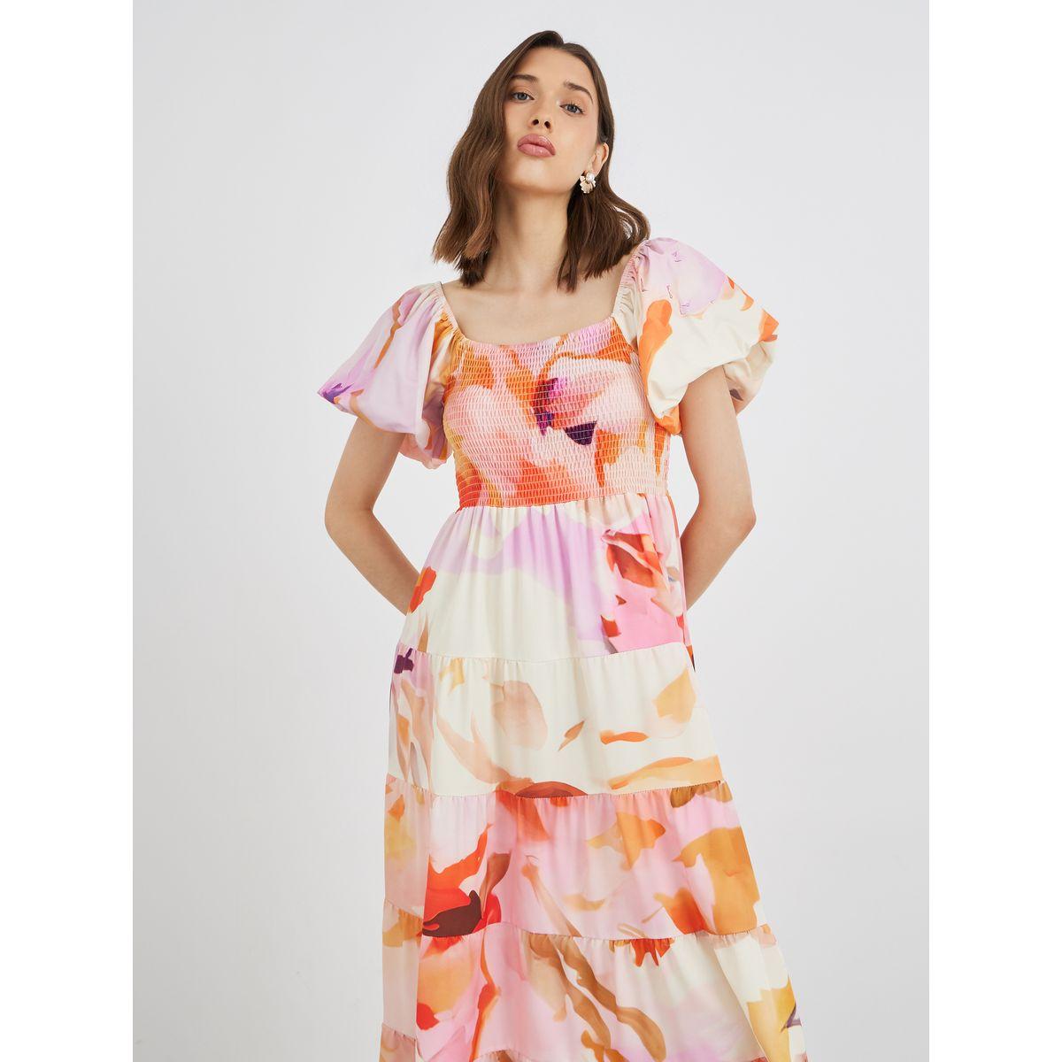 فستان ميدي بطبعة زهور وأكمام منفوخة-women-clothing-dresses-image-3