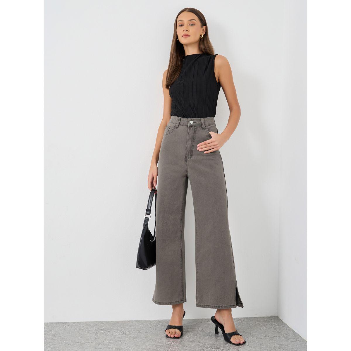 Styli Women Grey Wide Leg Jeans with Side Slit-women-clothing-bottoms-jeans-image-1
