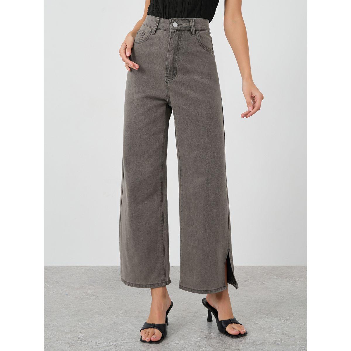 Styli Women Grey Wide Leg Jeans with Side Slit-women-clothing-bottoms-jeans-image-2