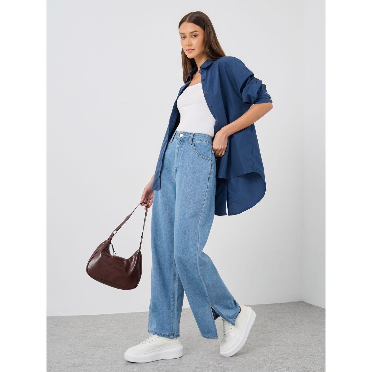 Styli Women Medium Blue Wide Leg Jeans with Side Slit-women-clothing-bottoms-jeans-image-1