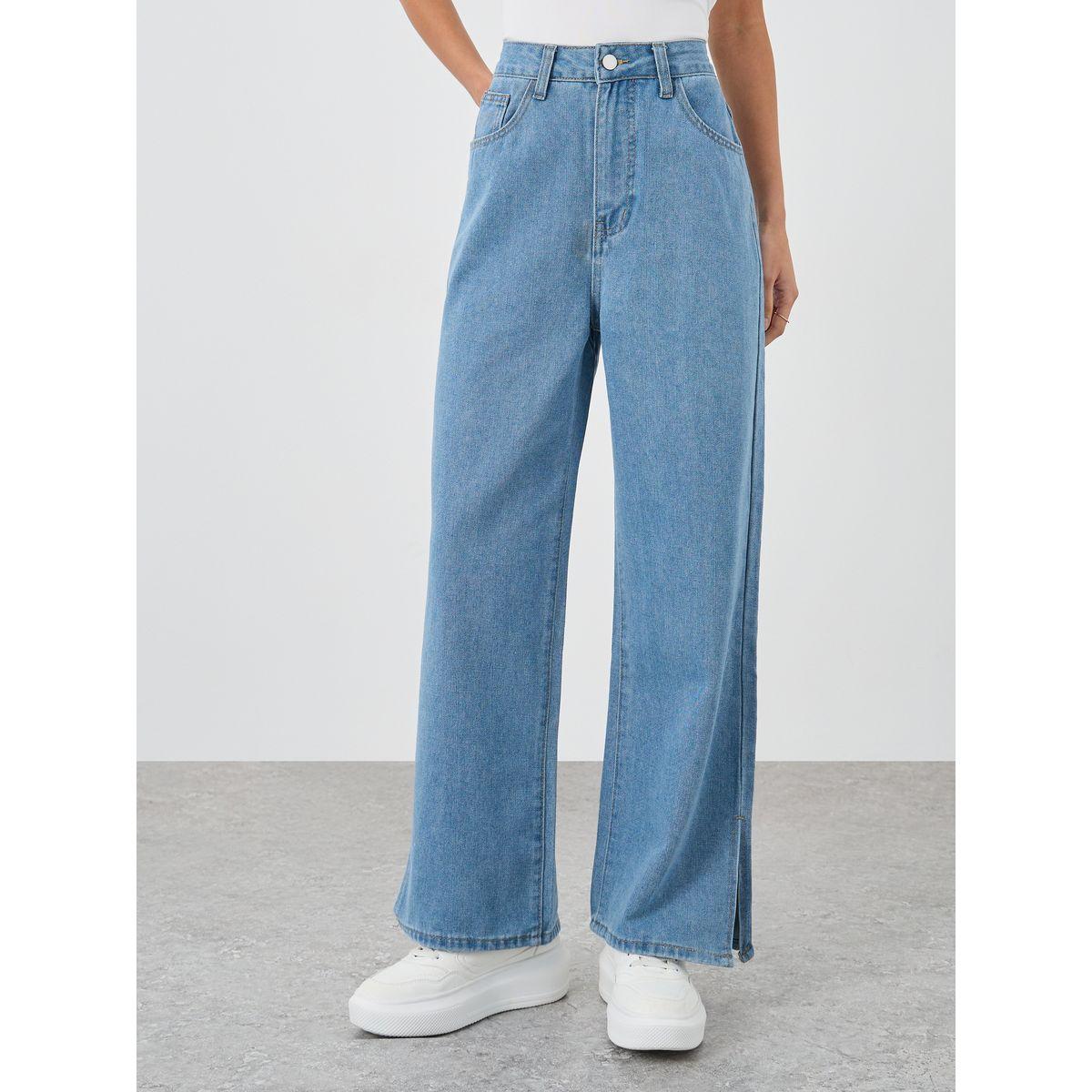 Styli Women Medium Blue Wide Leg Jeans with Side Slit-women-clothing-bottoms-jeans-image-2