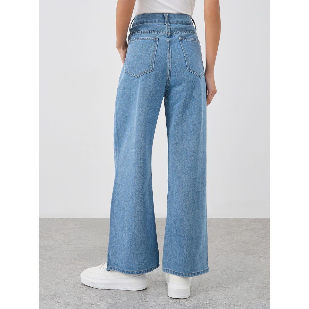 Styli Women Medium Blue Wide Leg Jeans with Side Slit-women-clothing-bottoms-jeans-image-4