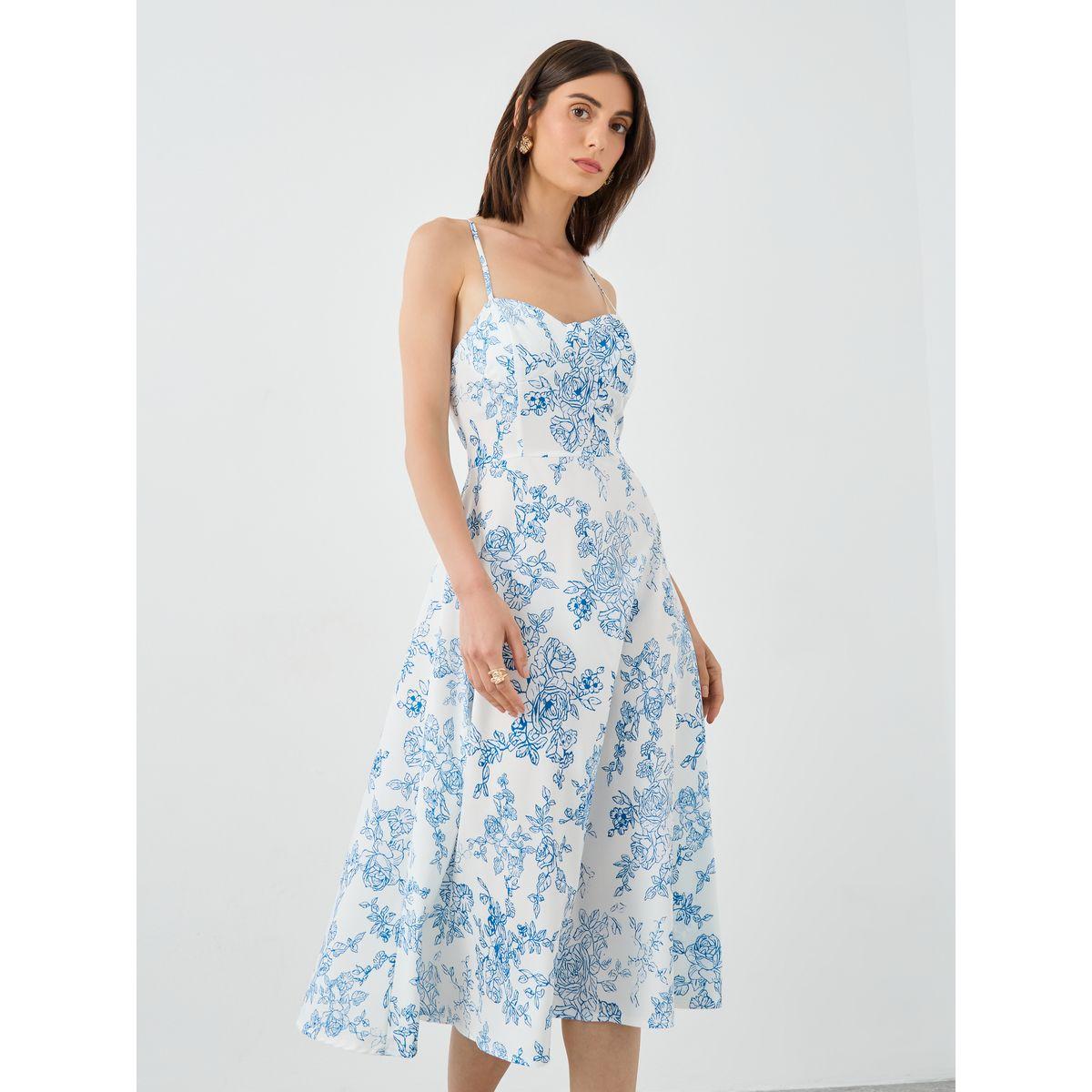 فستان ميدي بطبعة زهور وياقة على شكل قلب-women-clothing-dresses-image-1