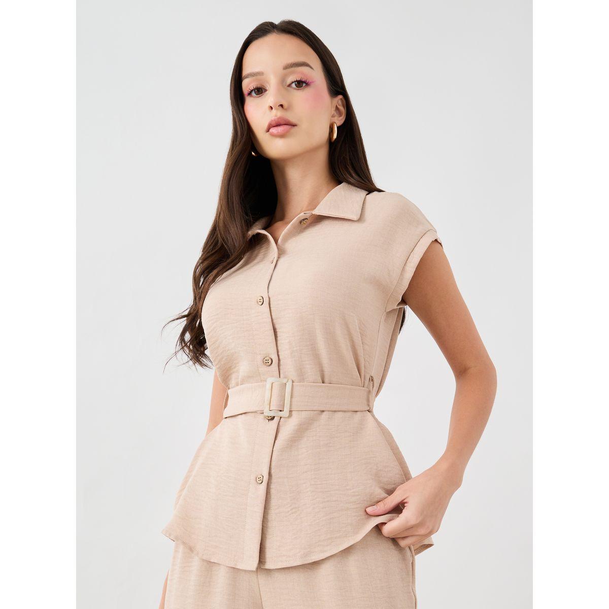 Styli Spread Collar Belted Top with Pants Co-Ords-women-clothing-coordsets-image-2