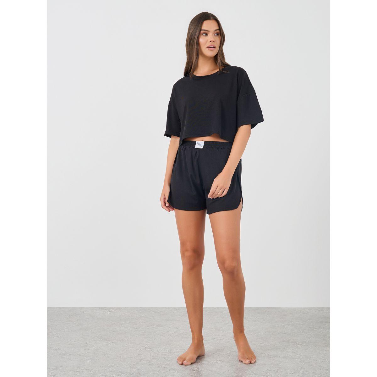 Styli Solid Short Sleeve Crop T-Shirt and Shorts Set-women-clothing-nightwear-pyjamas-shortsets-image-1