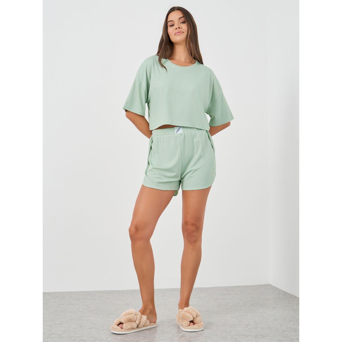 Styli Solid Short Sleeve Crop T-Shirt and Shorts Set-women-clothing-nightwear-pyjamas-shortsets-image-1