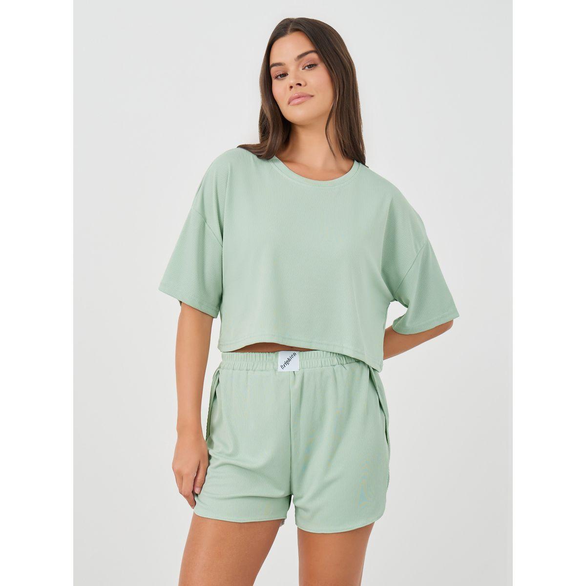 Styli Solid Short Sleeve Crop T-Shirt and Shorts Set-women-clothing-nightwear-pyjamas-shortsets-image-2