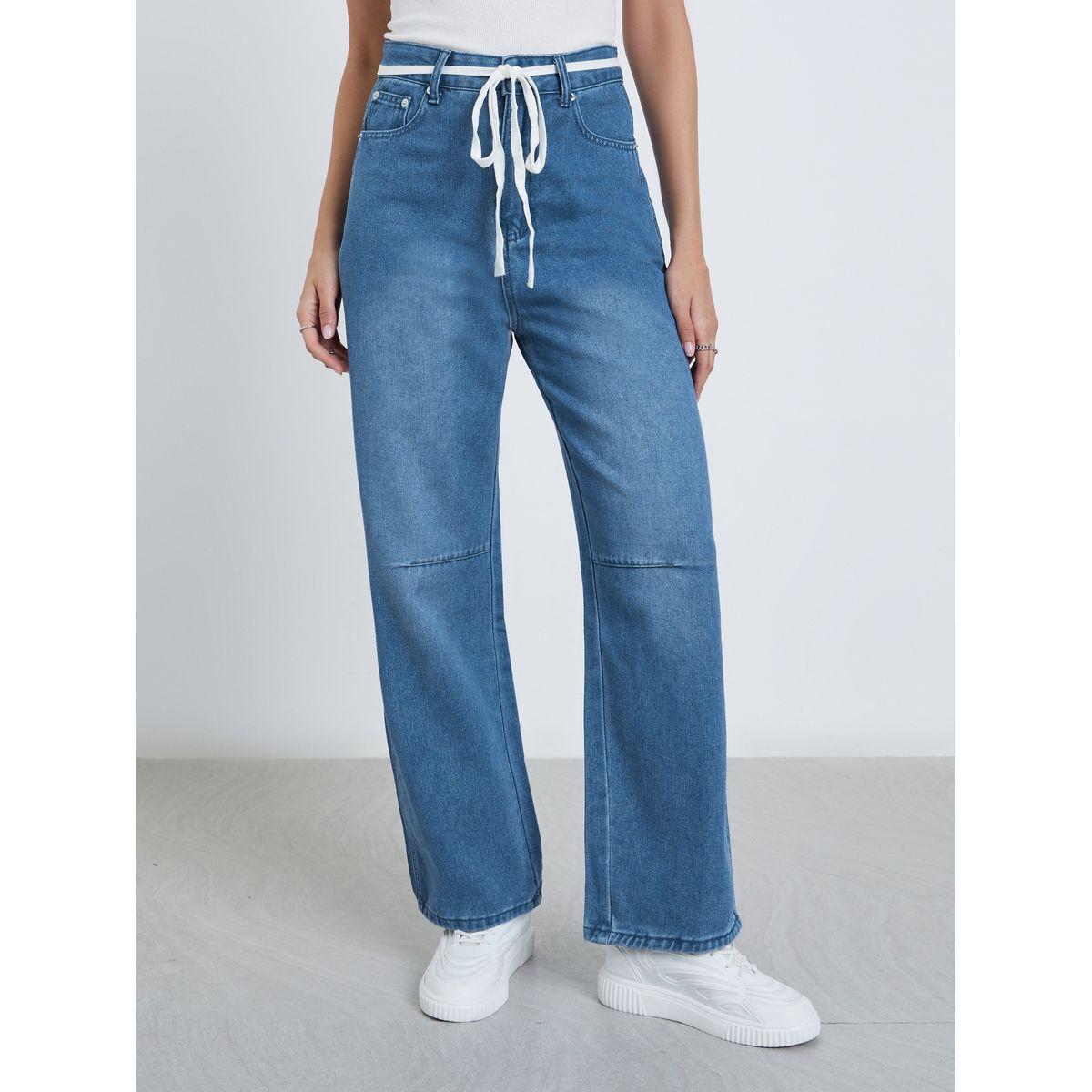 بنطال جينز بخصر عالي وتفاصيل خياطة مُتباينة-women-clothing-bottoms-jeans-image-2
