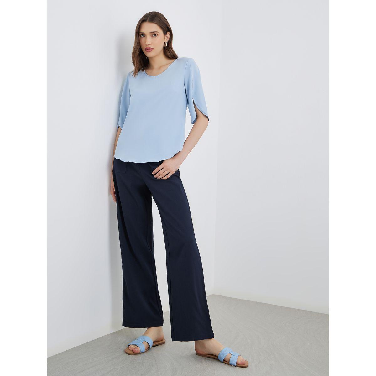 Styli Solid Flat Front Wide Leg Pants-women-clothing-bottoms-trousers-image-1