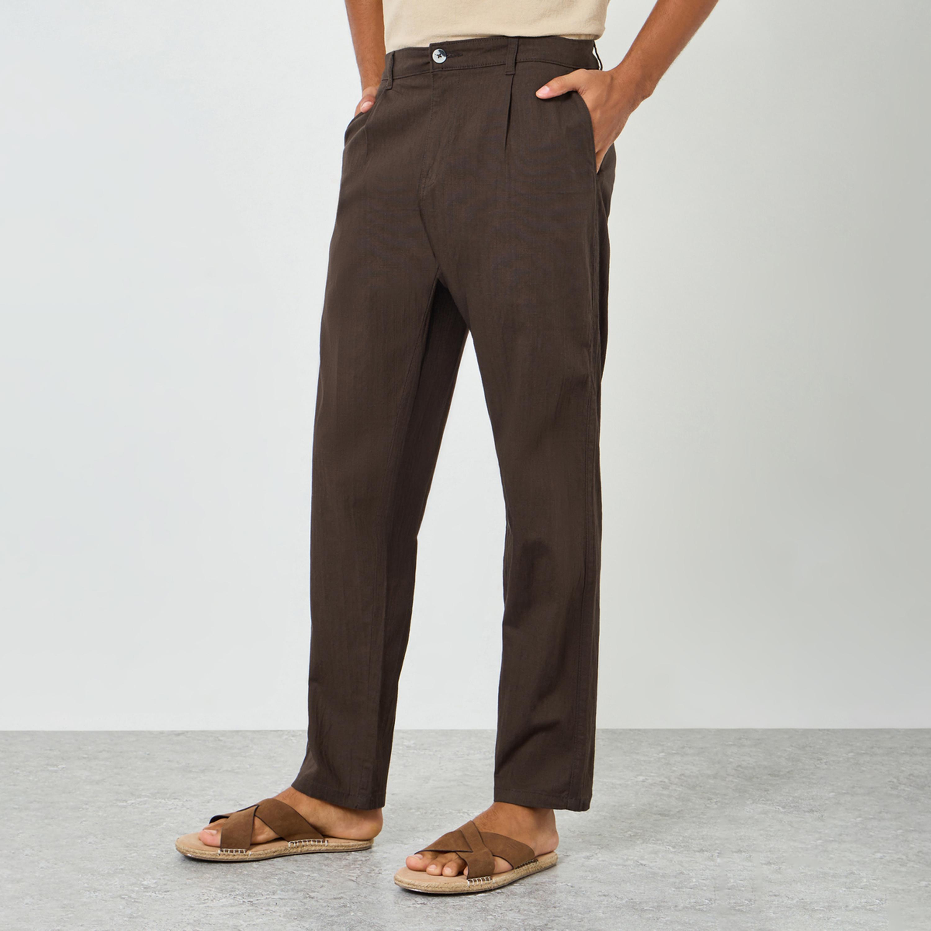 Styli Men Brown Pleated Tapered Linen Trousers-men-clothing-bottoms-trousersandchinos-trousers-image-1